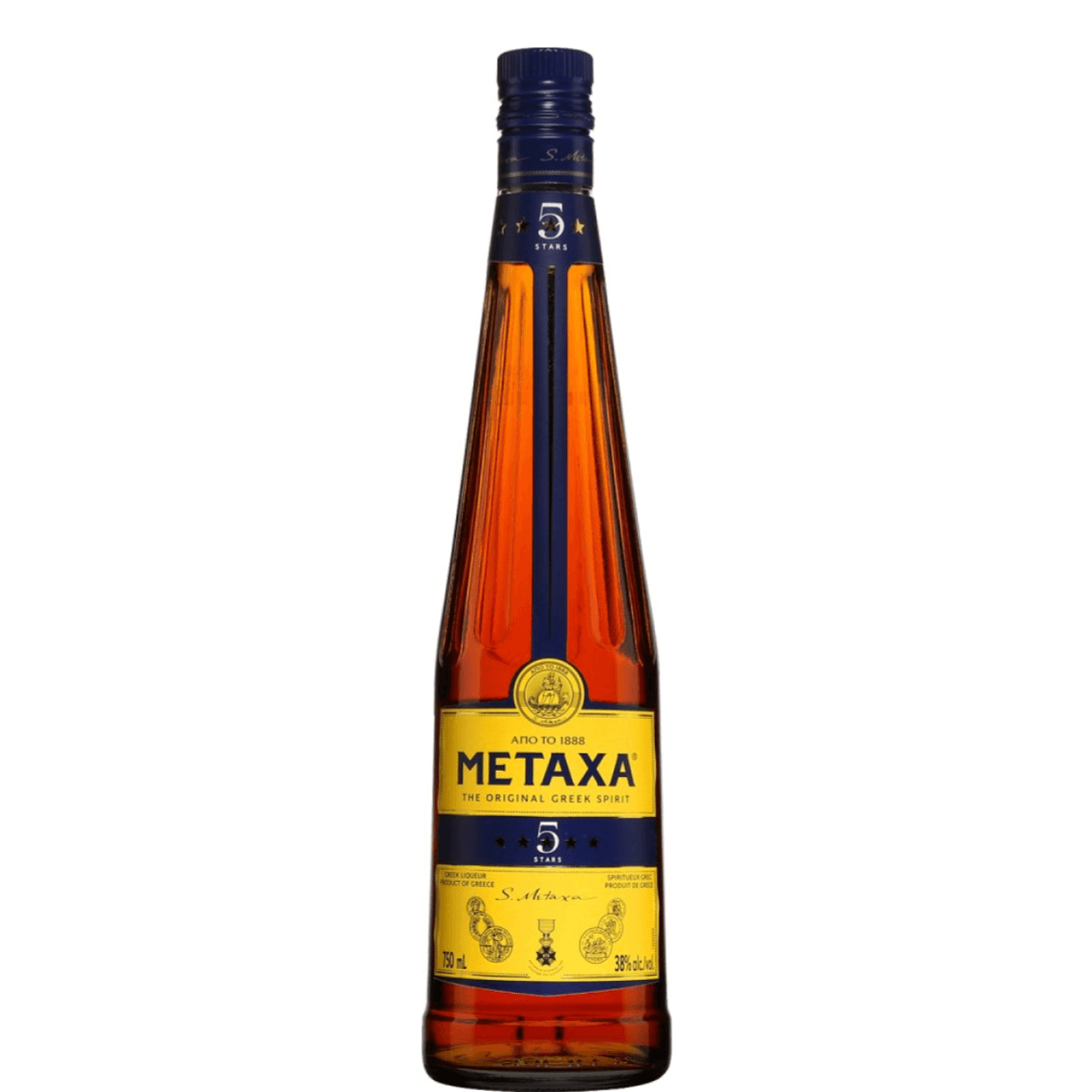 Metaxa 5 Star Greek Liqueur 750ml bottle with a rich amber color, featuring notes of vanilla, caramel, and dried fruits.