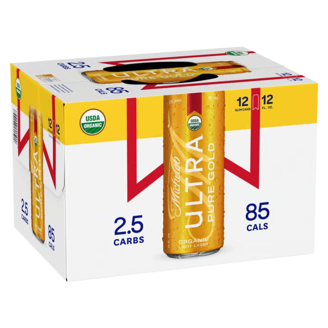 Box of Michelob Ultra Pure Gold 12-pack 12oz cans, organic light lager with 85 calories, 2.5 carbs, USDA Organic label visible.