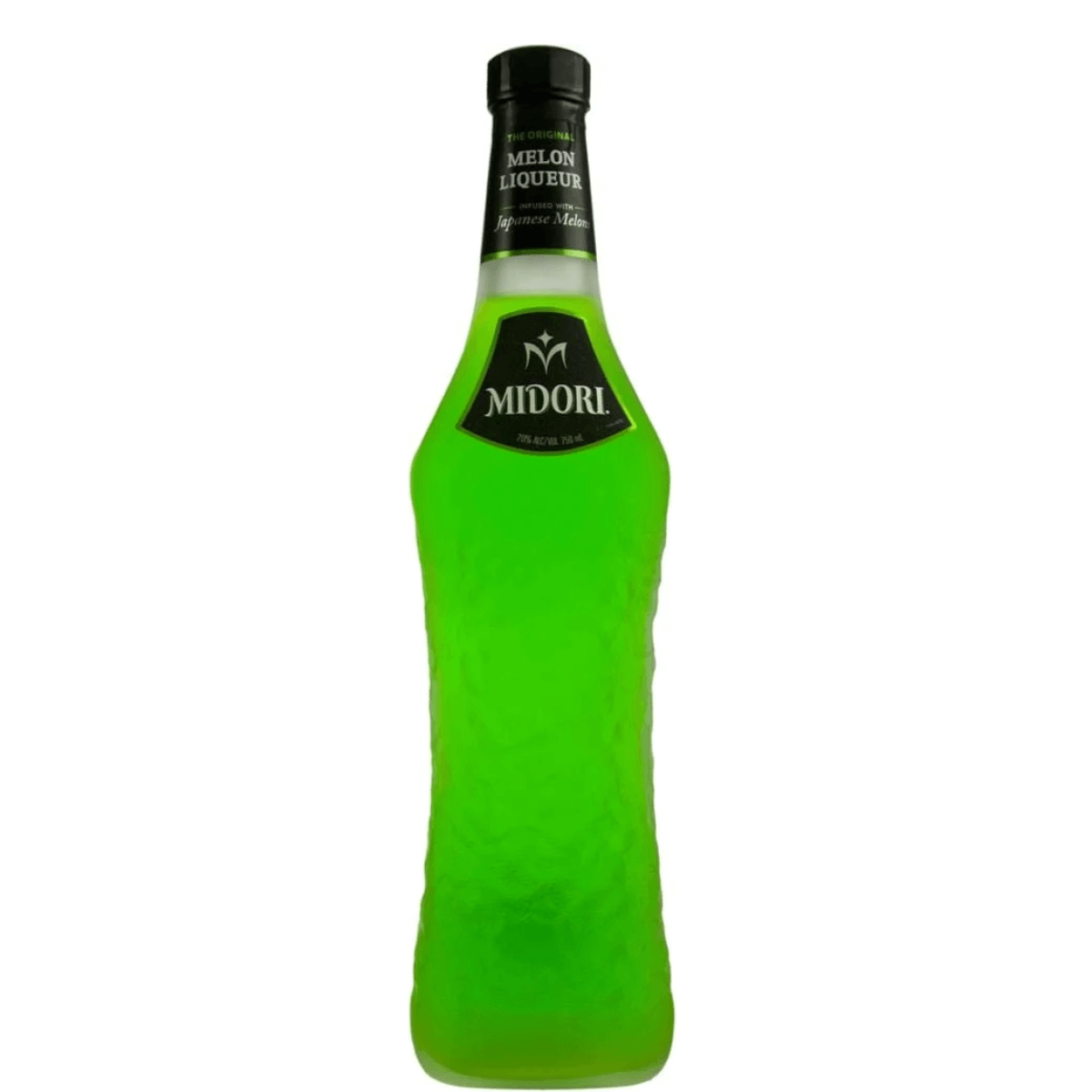Midori Melon Liqueur 750ml bottle, green honeydew melon flavor, vibrant bar ingredient from Japan, 20% ABV.