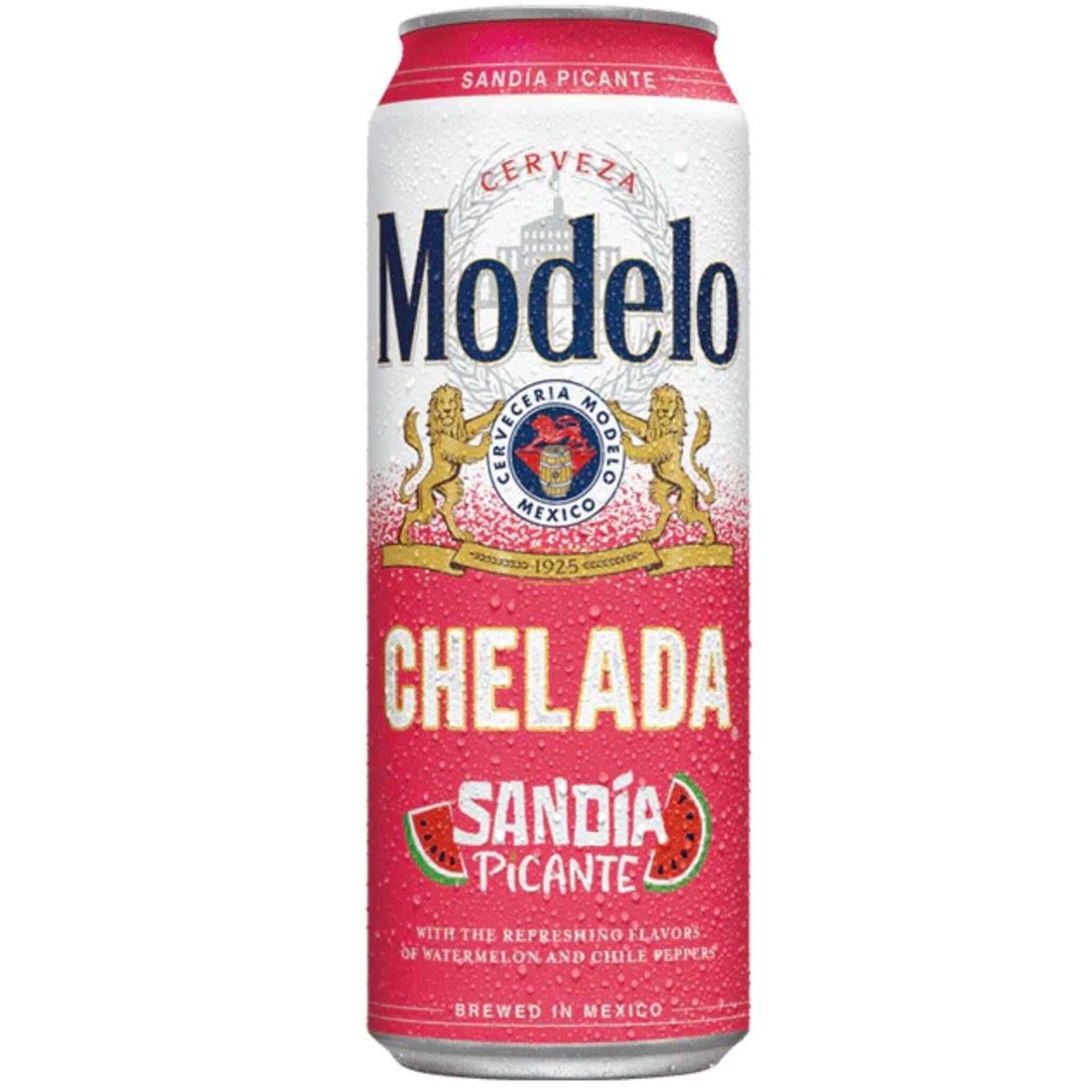 Modelo Chelada Sandía Picante 24oz can featuring watermelon and spicy flavors, Mexican beer cocktail by Grupo Modelo.
