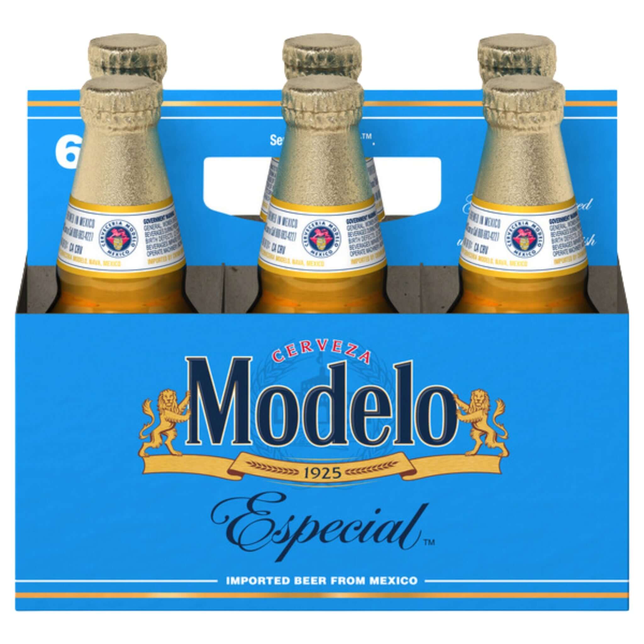 Modelo Especial 6 pack of 12oz bottles with blue packaging, featuring the iconic Cerveza logo, imported Mexican lager.