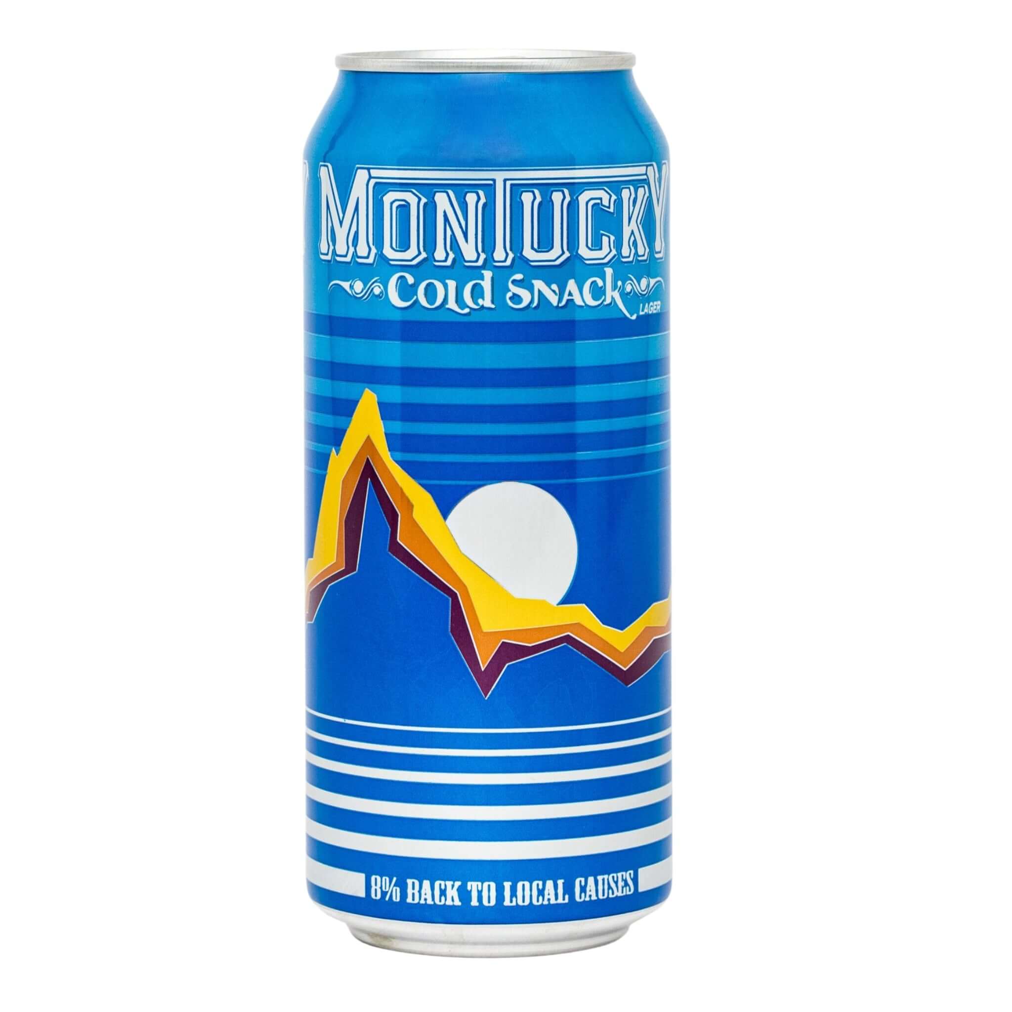 Montucky Cold Snacks 16oz can showing blue label with mountain design. Refreshing American lager with 4.1% ABV from Bozeman, Montana.