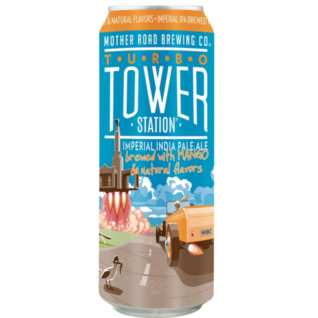 Mother Road Turbo Tower Station 19.2oz IPA beer can with vibrant design and citrus flavor notes, brewed in Flagstaff, Arizona by Mother Road Brewing Company.
