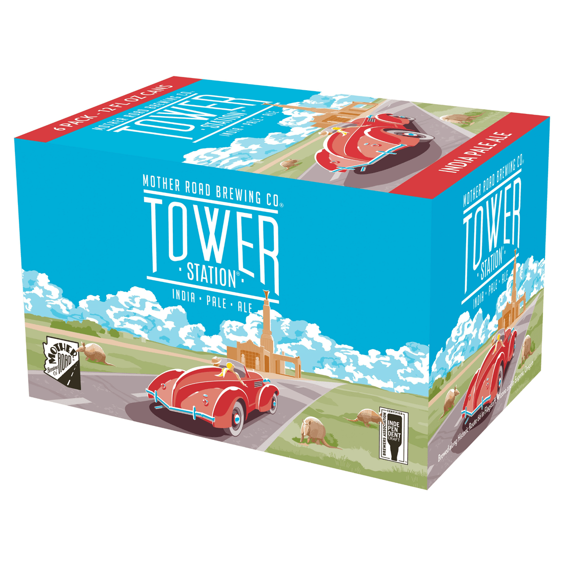 Tower Station IPA 6 pack box from Mother Road Brewing, featuring classic car artwork and hop-forward American IPA labeling.