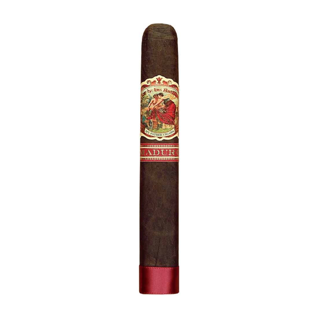 My Father Flor de Las Antillas Maduro Toro cigar, wrapped in dark Connecticut Broadleaf, showcasing intricate band design.
