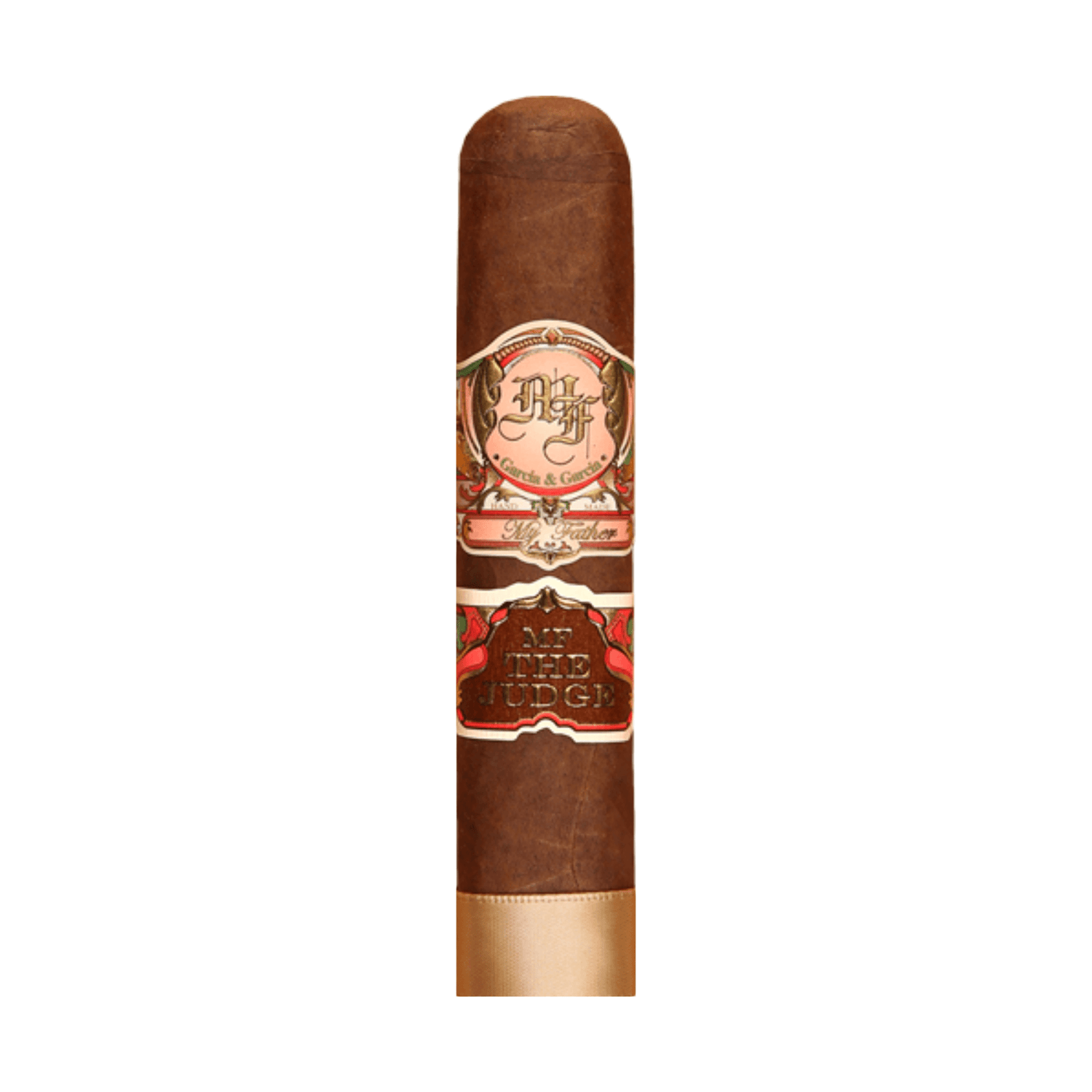 My Father The Judge Grand Robusto cigar, Ecuadorian Sumatra wrapper, 5x60 size, box pressed, bold flavors of chocolate and pepper.