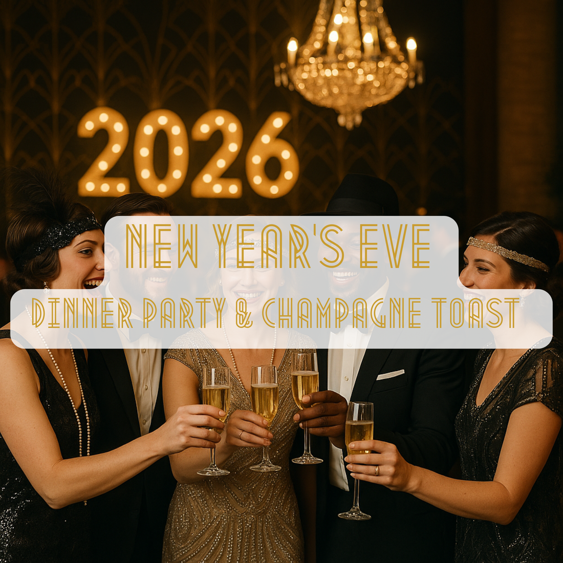 Guests in Gatsby-era attire raise champagne glasses under a 2026 sign at a New Year&