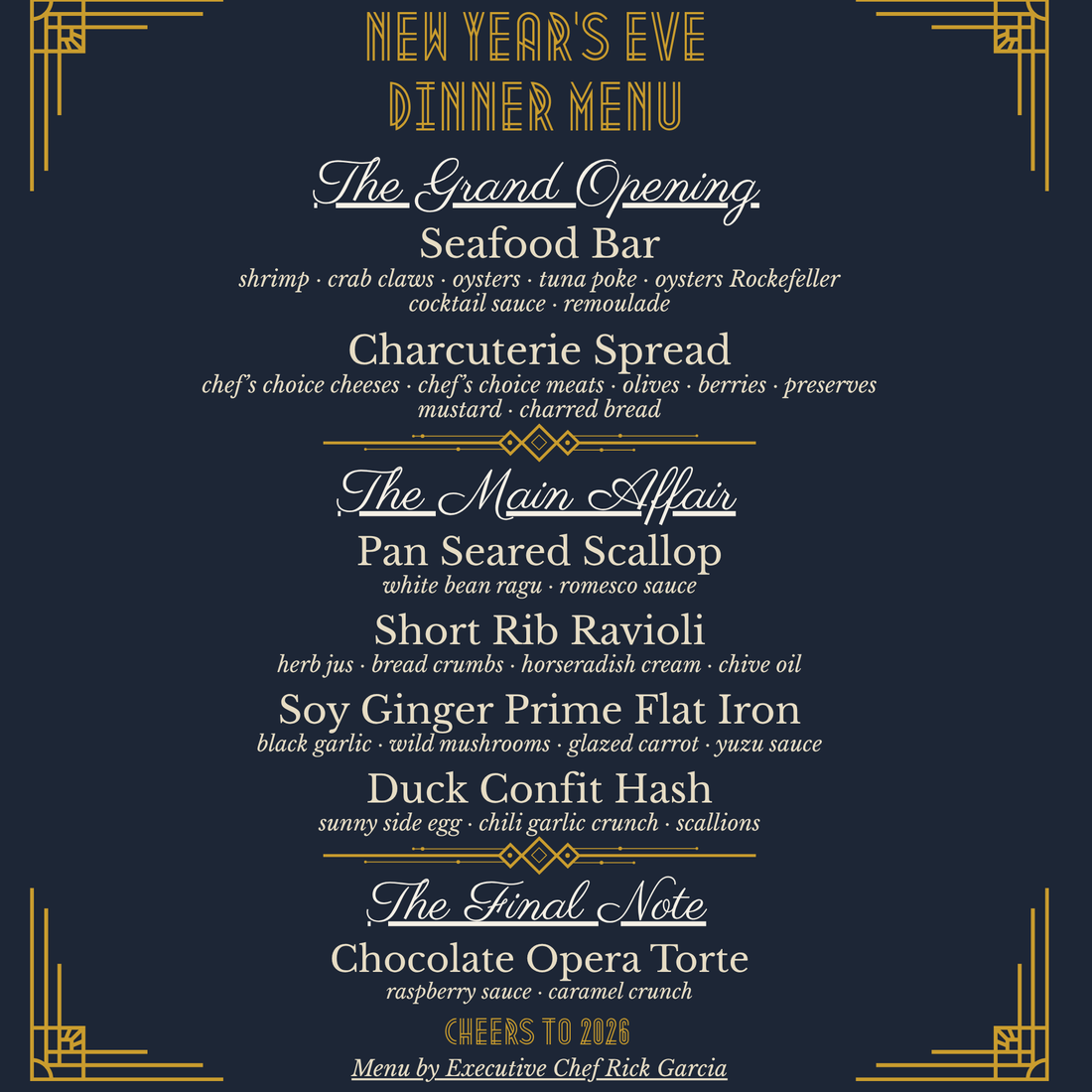 Art Deco-themed New Year’s Eve dinner menu featuring seafood, charcuterie, gourmet small plates, and dessert by Chef Rick Garcia.
