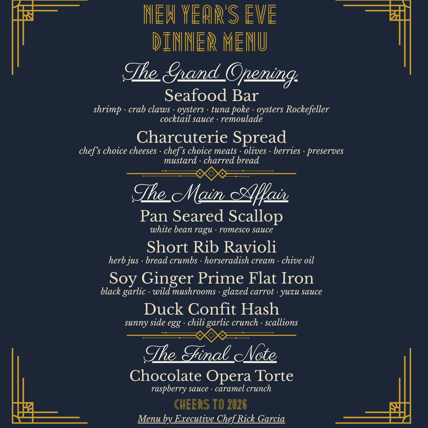 Art Deco-themed New Year’s Eve dinner menu featuring seafood, charcuterie, gourmet small plates, and dessert by Chef Rick Garcia.