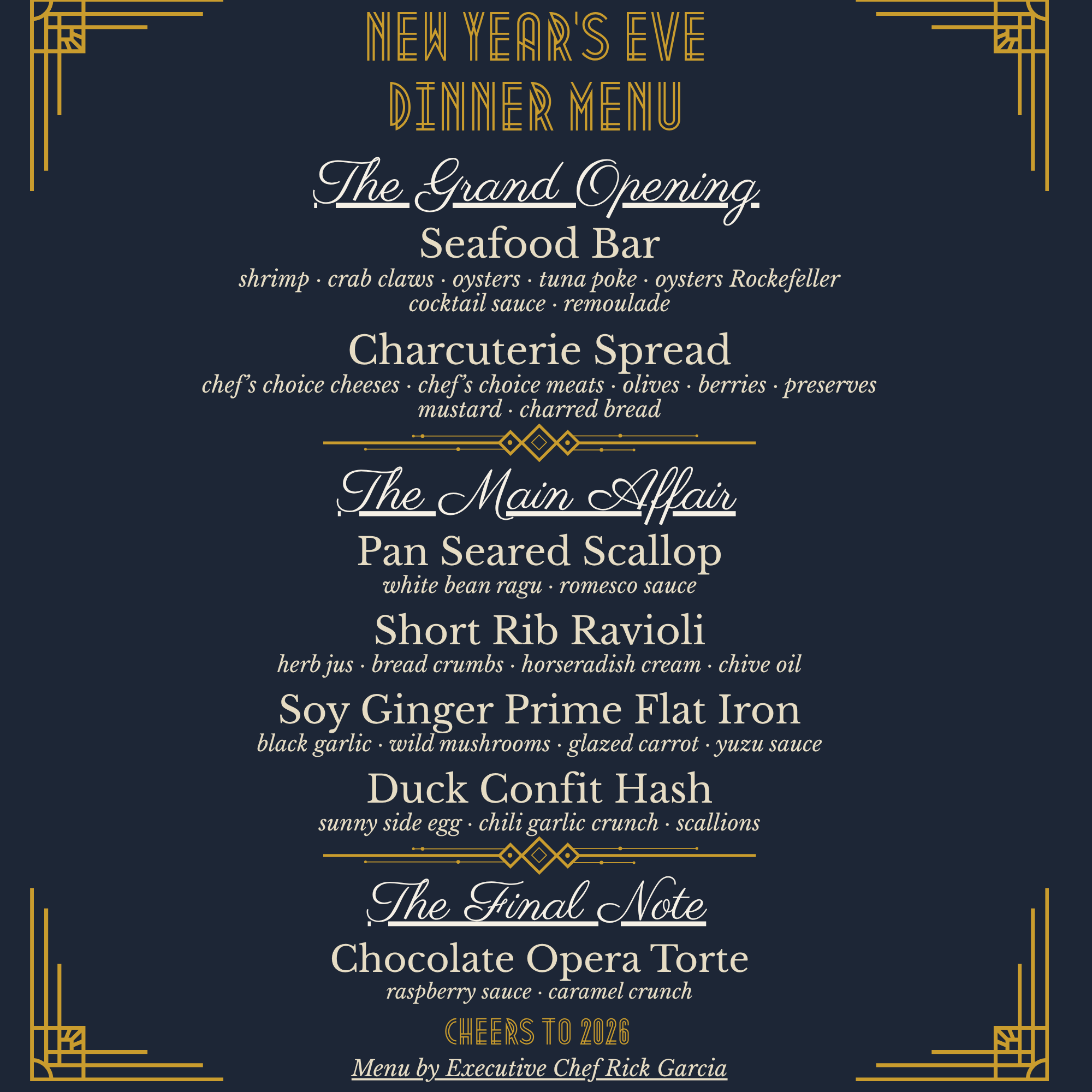 Art Deco-themed New Year’s Eve dinner menu featuring seafood, charcuterie, gourmet small plates, and dessert by Chef Rick Garcia.