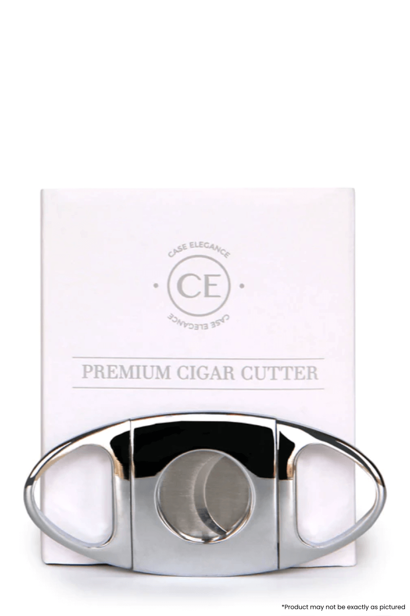 Klaro Chrome Cigar Cutter with sharp blades and smooth movement in elegant design, displayed on packaging.