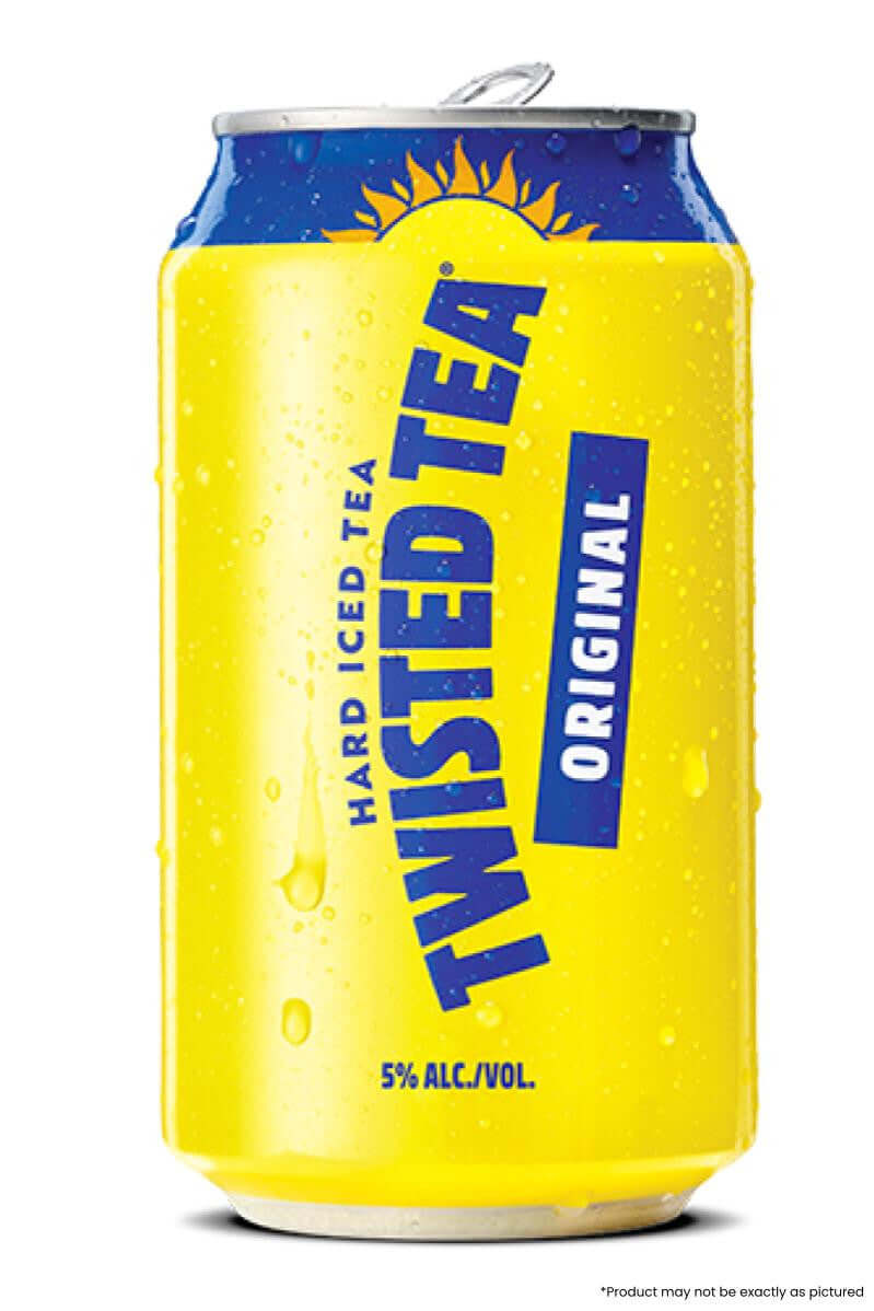 Twisted Tea Original 12oz can, hard iced tea with 5% ABV, featuring vibrant yellow packaging and blue logo.
