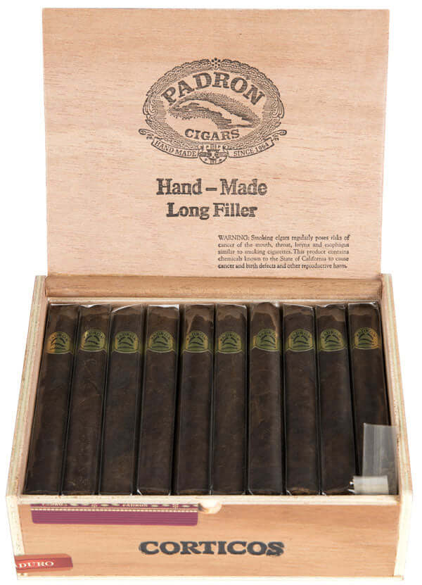 Open box of Padron Corticos Natural cigars, showcasing premium Nicaraguan tobacco, medium to full strength, 30-count box.