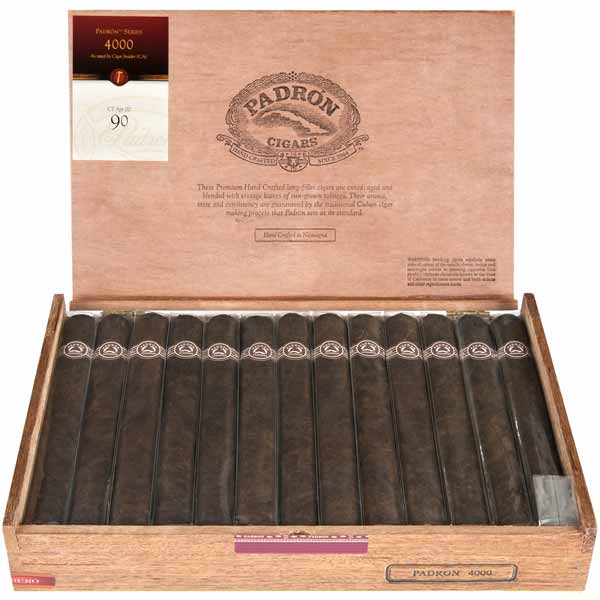 Open box of Padron 4000 Maduro cigars, showcasing 26 robust Nicaraguan cigars with Maduro wrapper, ideal for medium to full strength smoking.