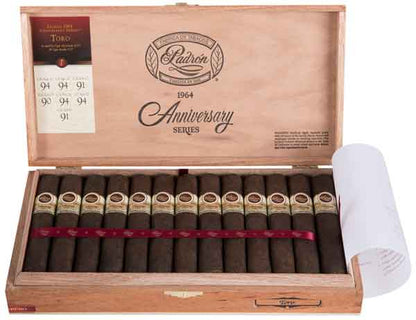Box of Padron 1964 Toro Maduro cigars, 25 count, Nicaraguan origin, featuring medium to full strength with notes of dark chocolate and espresso.
