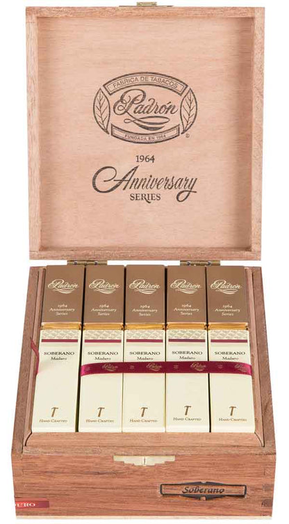 Open Padron 1964 Soberano Maduro 15ct box featuring Nicaraguan cigars with rich chocolate and coffee notes.
