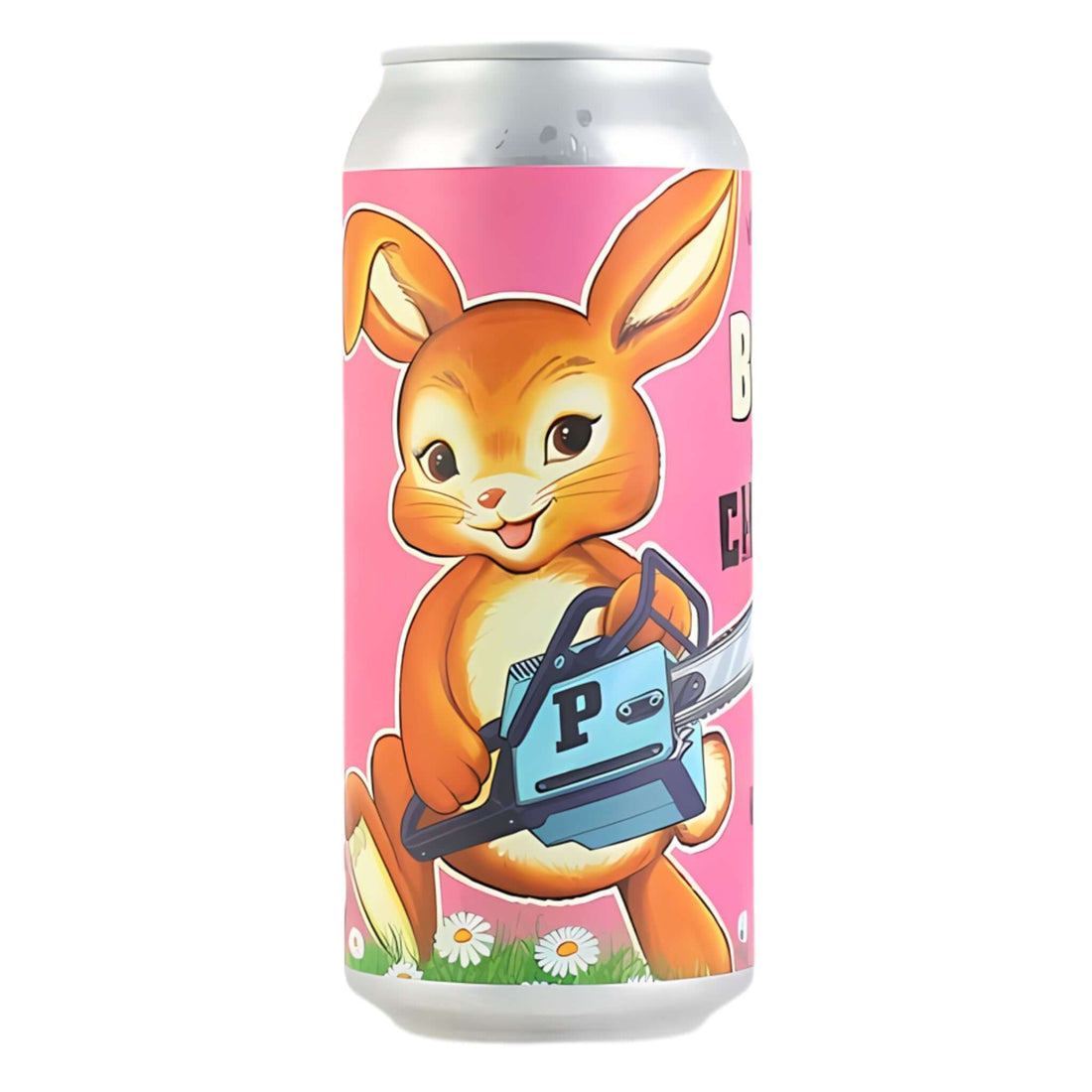 Paperback Bunny with a Chainsaw Hazy IPA 16oz can featuring an illustrated bunny holding a chainsaw, by Paperback Brewing Co.