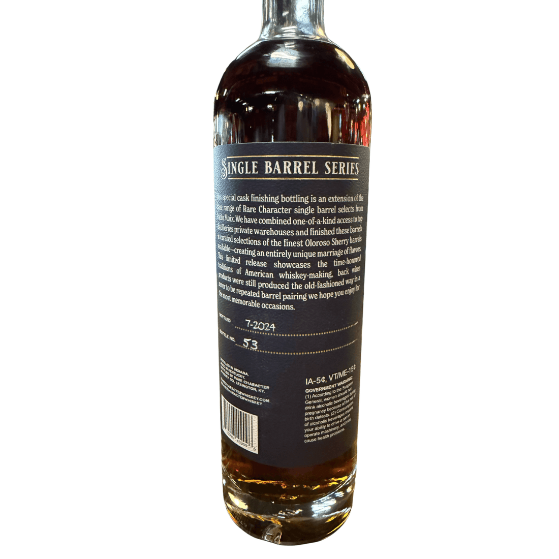 Back label view of Rare Character PPLD X Flag Liquor Oloroso Sherry Cask Finish Rye Whiskey bottle, 750mL.