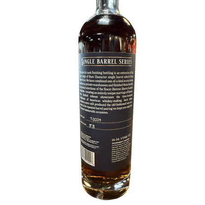 Back label view of Rare Character PPLD X Flag Liquor Oloroso Sherry Cask Finish Rye Whiskey bottle, 750mL.