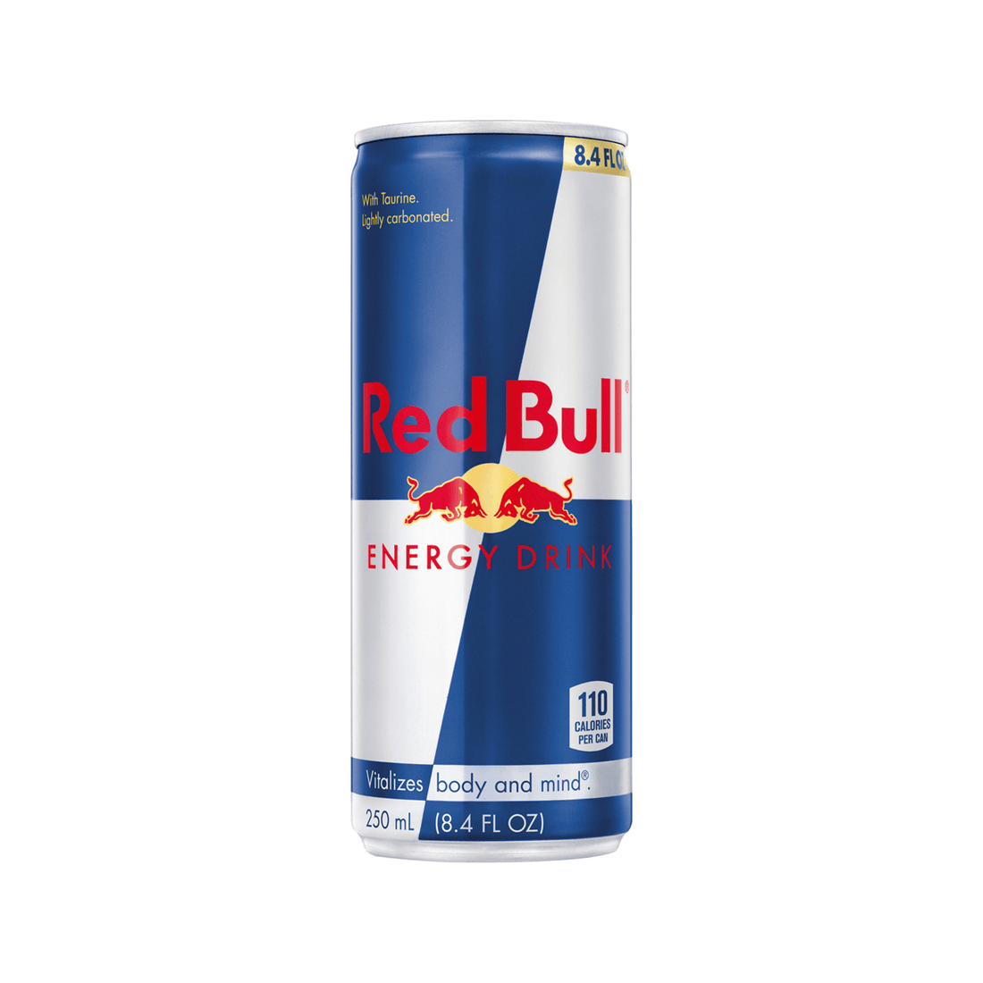 Red Bull 8.4oz energy drink can with caffeine, taurine, and B-vitamins for increased performance and concentration, 110 calories.