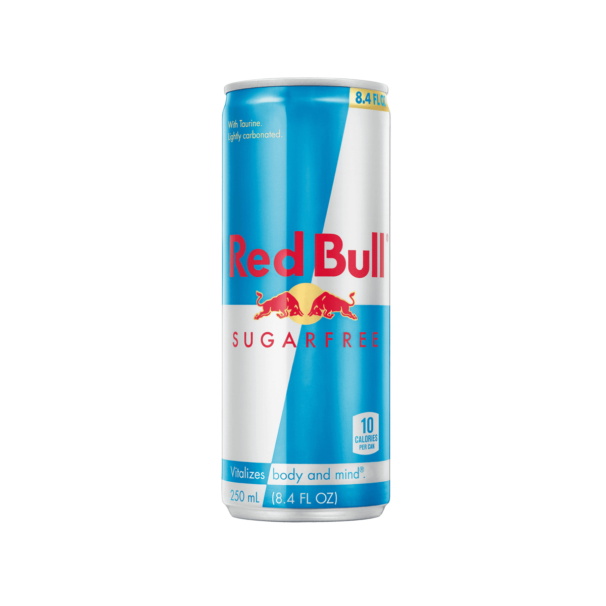 Can of Red Bull Sugar Free 8.4oz, zero sugar, 10 calories, energy boost. Ideal for a healthier, revitalizing drink option.