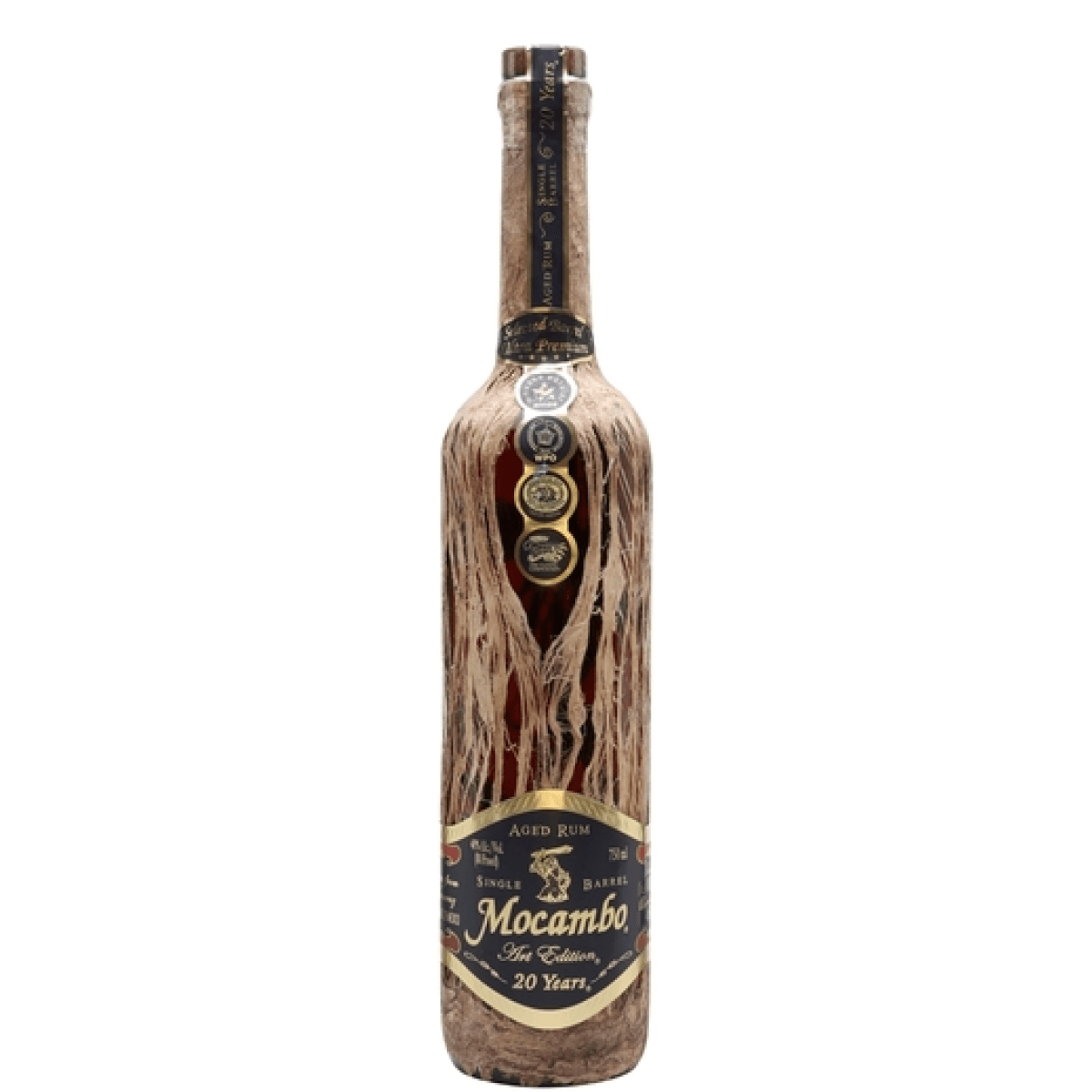 Ron Mocambo Rum 20 Year 750ml bottle wrapped in amate tree fibers, designed by Victor Fernandez Limon, 40% ABV