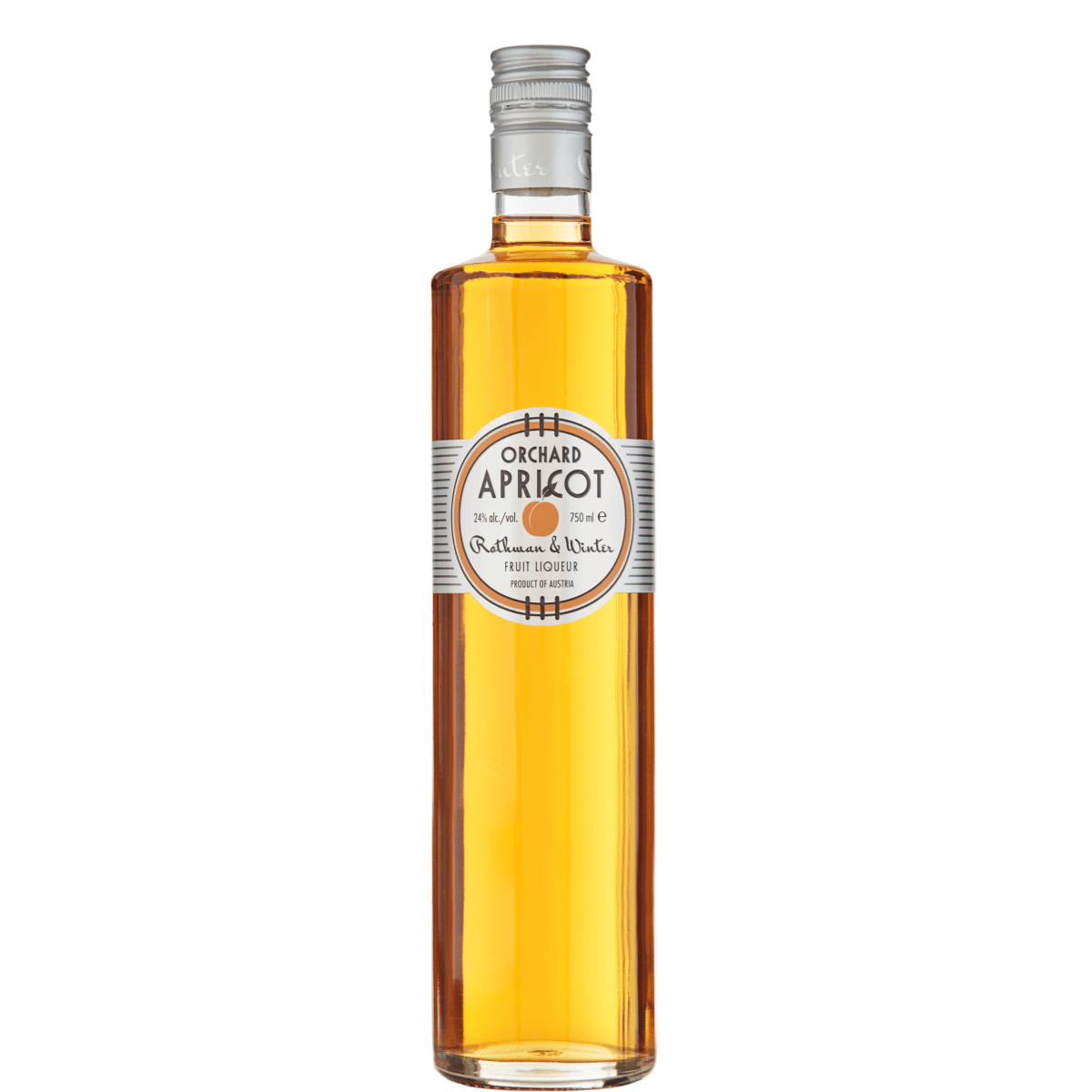 750ml Rothman &amp; Winter Orchard Apricot Liqueur bottle from Austria, fruit liqueur with ABV 24%, featuring label details.