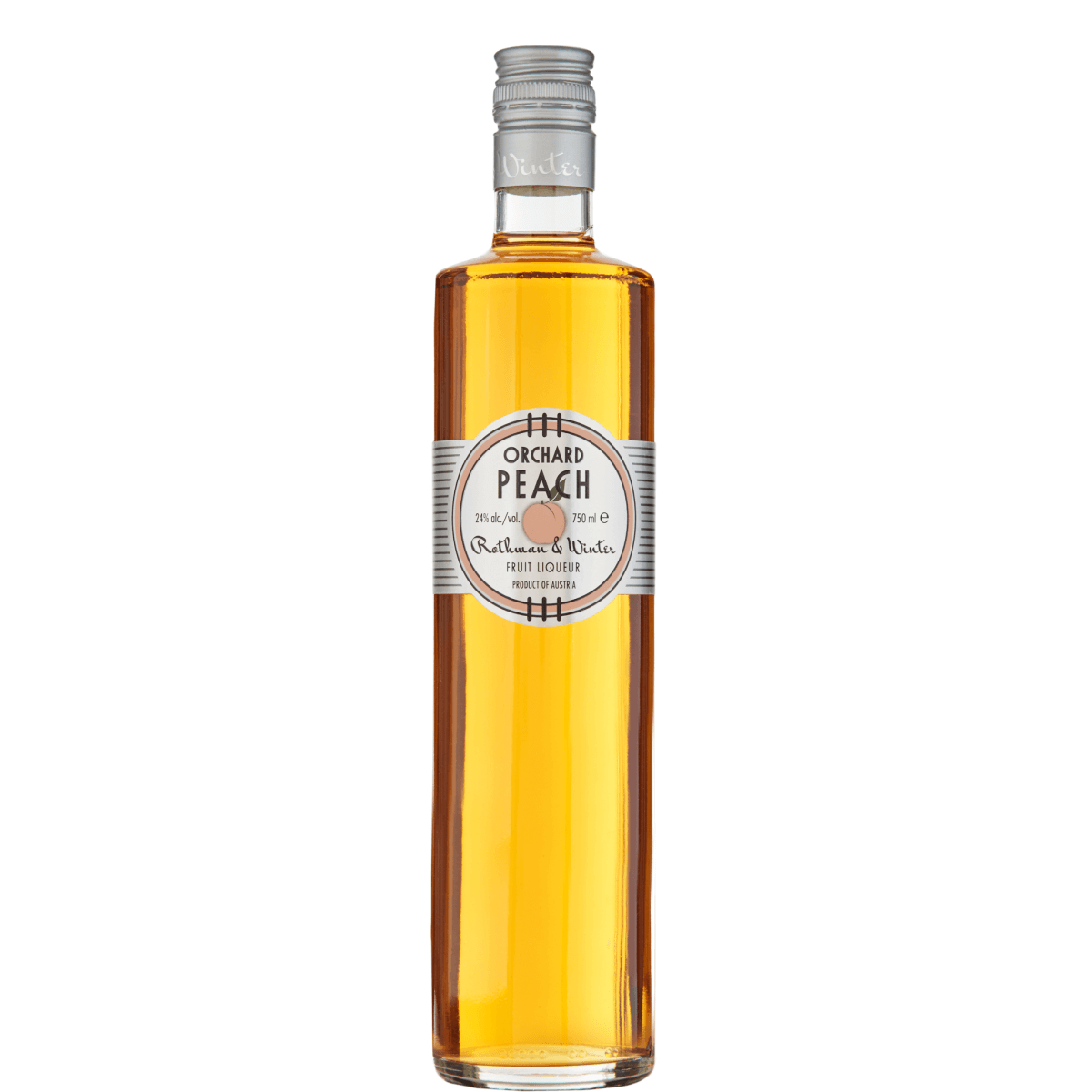 Rothman &amp; Winter Orchard Peach 750ml fruit liqueur bottle, Austrian peach-flavored liqueur perfect for cocktails or enjoying neat.