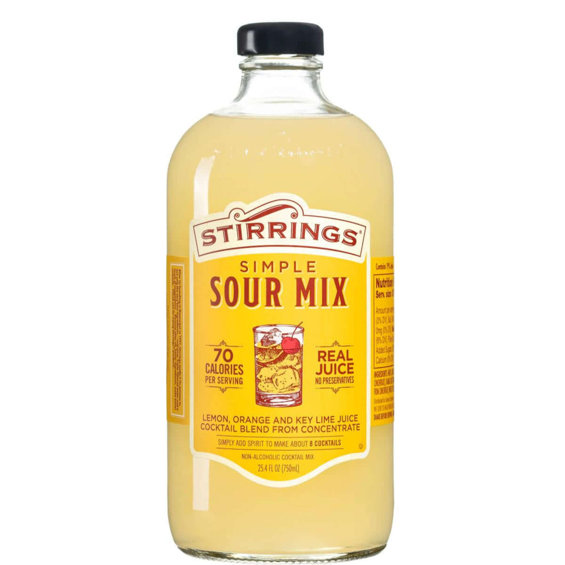 Bottle of Stirrings Simple Sour Mix 750ml, a non-alcoholic cocktail mixer with notes of lemon, orange, and key lime juice.