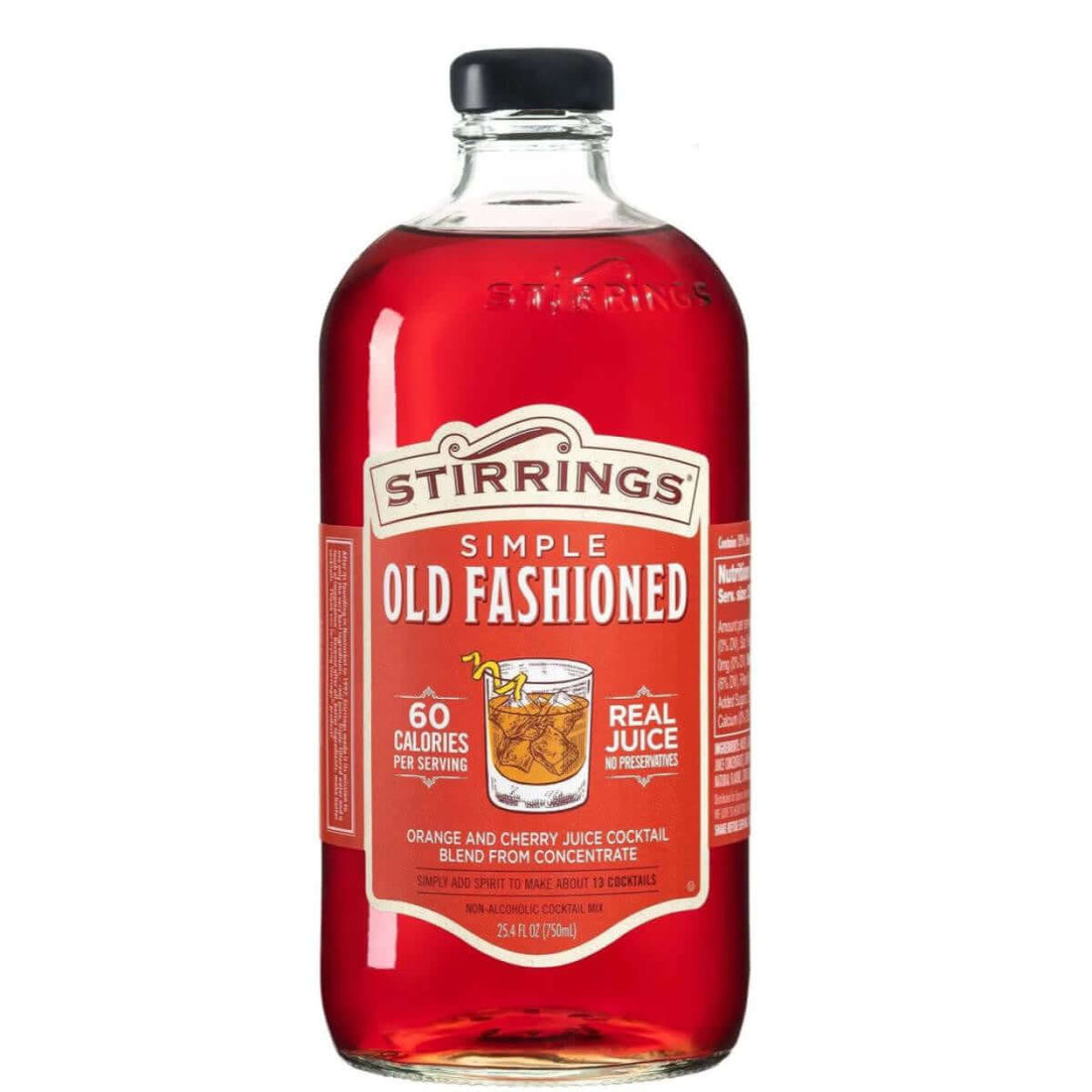 Bottle of Stirrings Old Fashioned Mix 750ml cocktail mixer with label details, non-alcoholic, for making classic Old Fashioned cocktails.