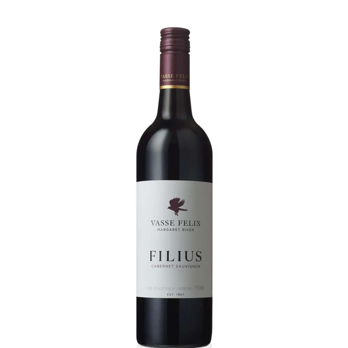 Bottle of Vasse Felix Filius Cabernet Sauvignon 2019 from Margaret River, Australia, 750ml red wine with complex flavors.