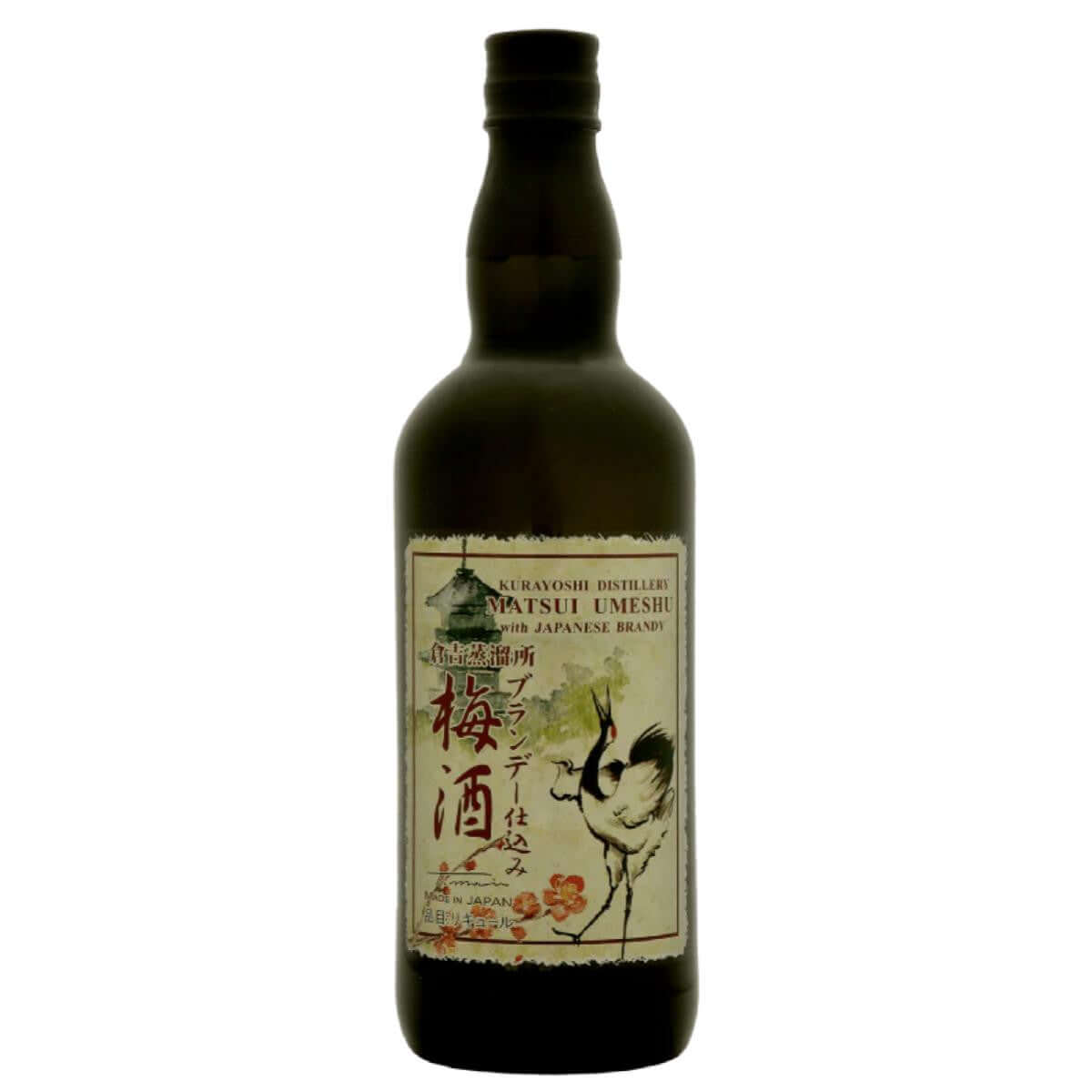 Matsui Umeshu Brandy Fruit Liqueur 750ml bottle with traditional Japanese label design, featuring ume fruit and crane illustration.
