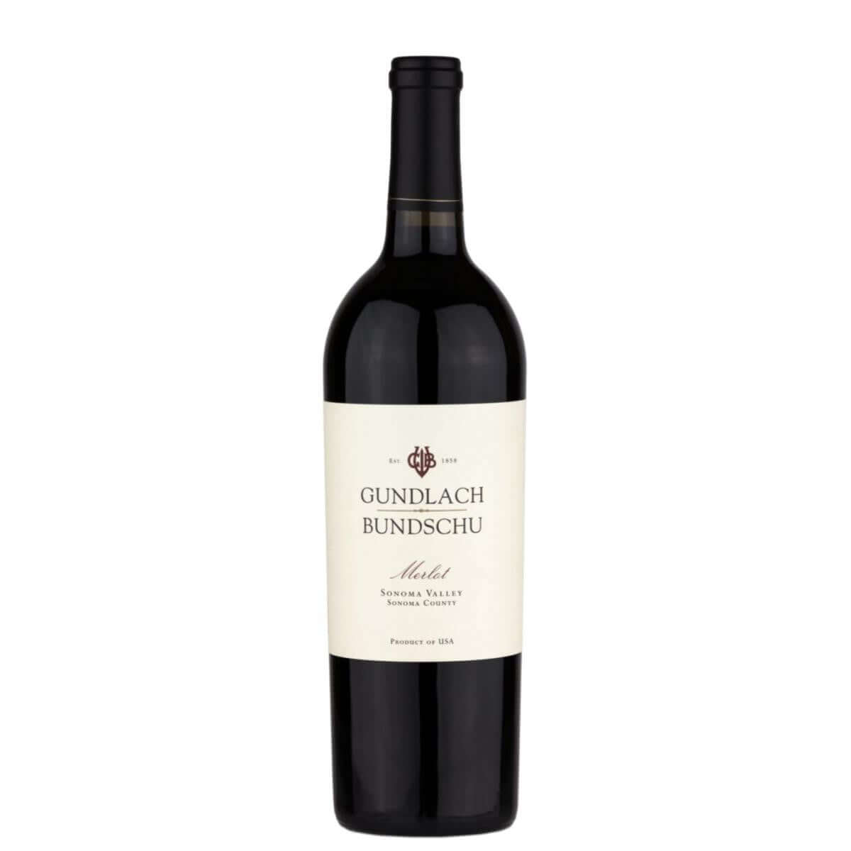 Gundlach Bundschu Merlot Sonoma Valley wine bottle on a white background.