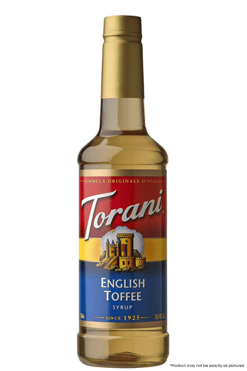 Torani English Toffee Syrup 750ml bottle, caramel flavor, perfect for coffee, USA origin.