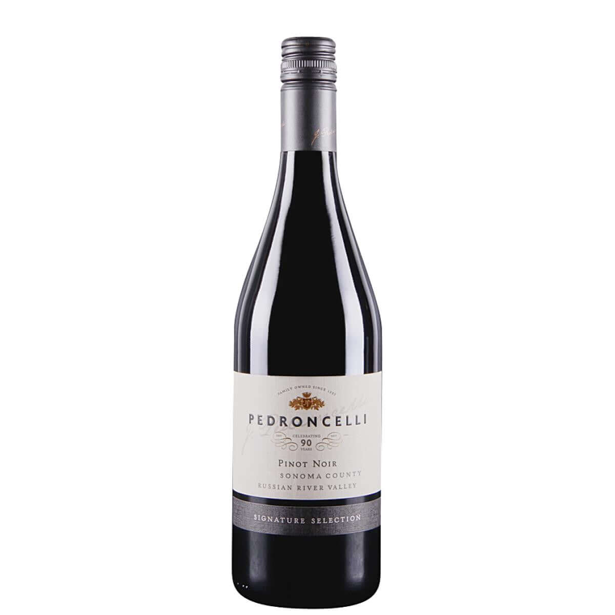 Bottle of Pedroncelli Pinot Noir 2020, 750ml, from Russian River Valley, California; noted for bright acidity and red fruit flavors.