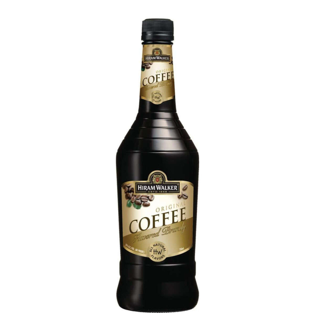 Hiram Walker Coffee Brandy 750ml bottle with coffee-flavored label, USA-made liqueur from Arkansas, 30% ABV alcohol content.