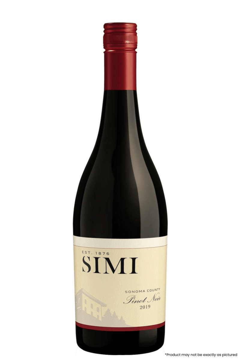 Simi Sonoma County Pinot Noir 2019 750ml red wine bottle with label, featuring dark cherry and raspberry aromas.