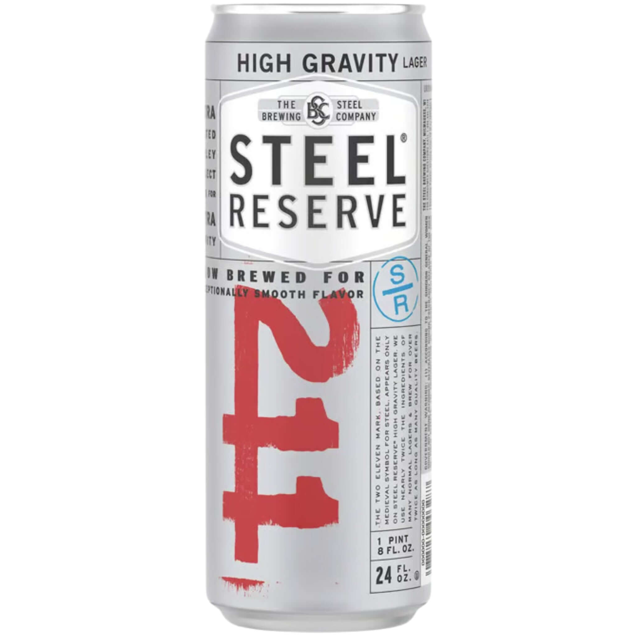 Steel Reserve High Gravity Lager 24oz can displaying bold design, brewed by Steel Brewing Company, 8.1% ABV, robust malt character.