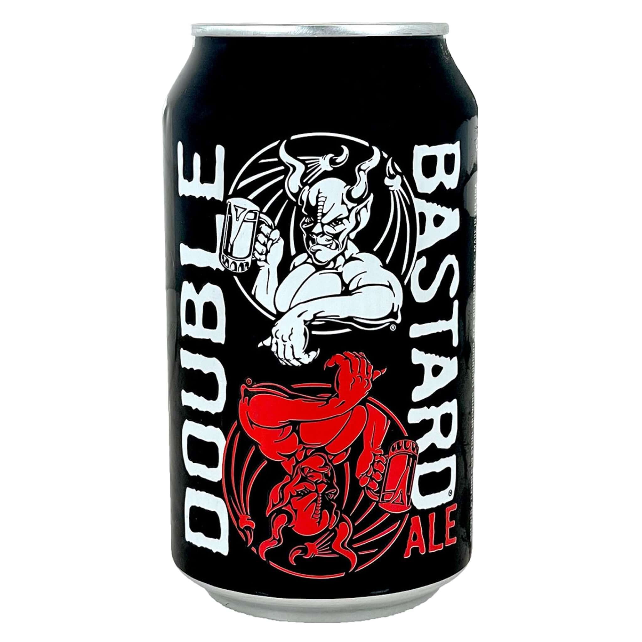 Stone Double Bastard Ale 12oz can with bold graphic design, American Strong Ale from Stone Brewing, 11% ABV, Escondido, CA.