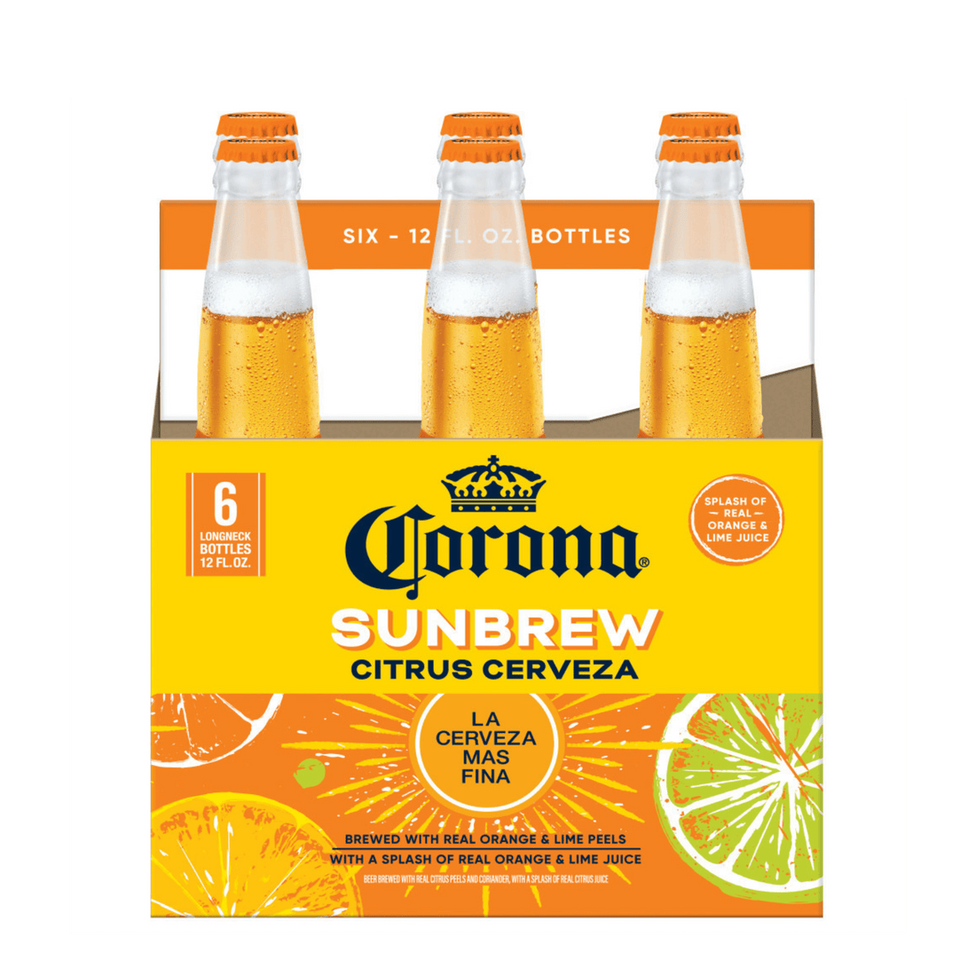 Corona Sunbrew 6 Pack Bottles of Mexican Lager with Citrus Infusion featuring vibrant orange and lime flavors in packaging.