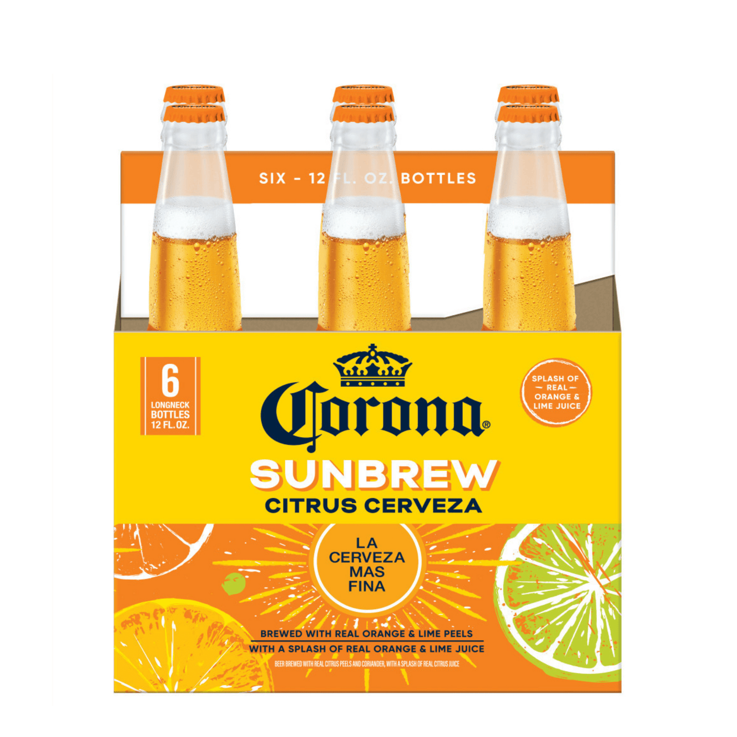 Corona Sunbrew 6 Pack Bottles of Mexican Lager with Citrus Infusion featuring vibrant orange and lime flavors in packaging.