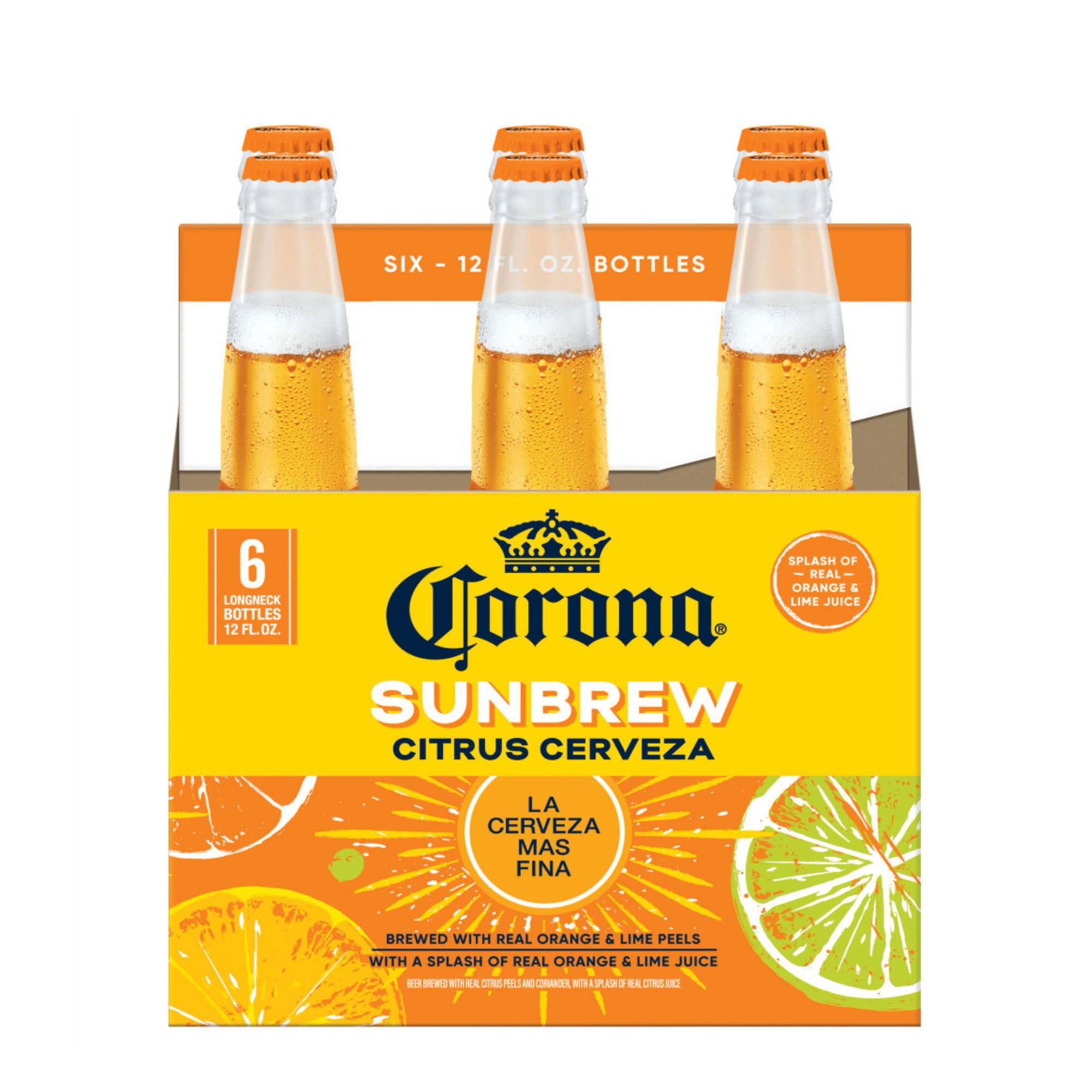 Corona Sunbrew 6 Pack Bottles of Mexican Lager with Citrus Infusion featuring vibrant orange and lime flavors in packaging.