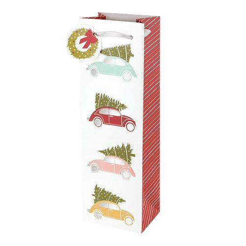 TRUE Christmas Tree Cars Gift Bag with colorful cars and foil accents, perfect for holiday wine gifts. Includes wreath tag. Premium paper.