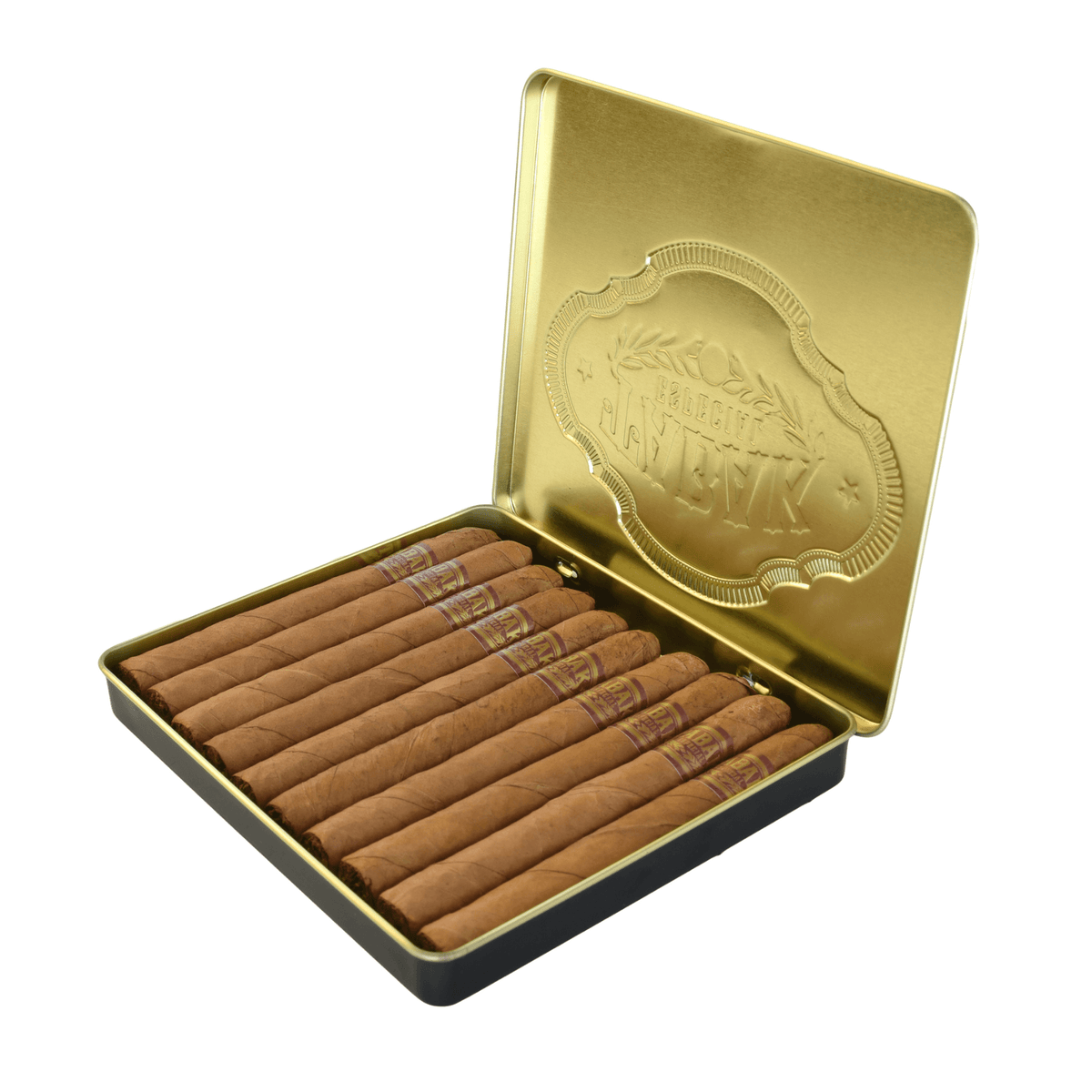 Open tin of Tabak Especial Dulce Cafecita cigarillos, showcasing 10 small cigars with Ecuadorian Connecticut wrapper, infused with coffee.