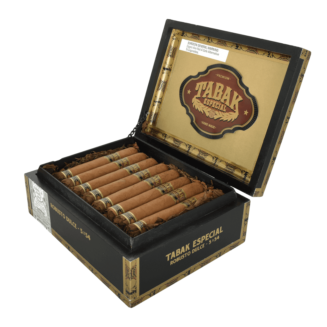 Box of Tabak Especial Dulce Robusto cigars with open lid displaying 5x54 Robusto cigars, known for creamy coffee flavors, Ecuadorian wrapper.