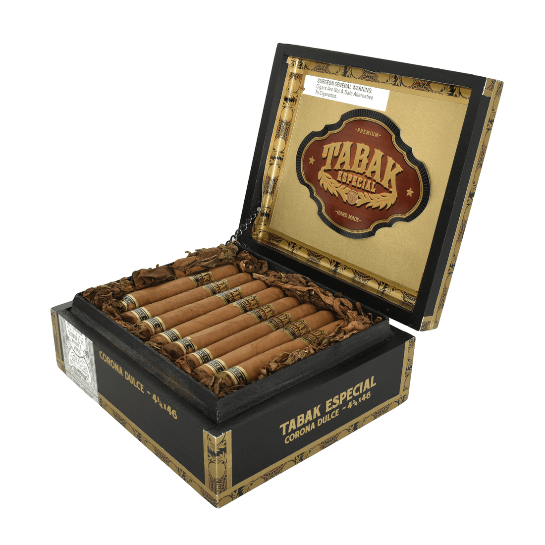 Open box of Tabak Especial Dulce Corona cigars by Drew Estate, showcasing the 24 cigars with Ecuadorian Connecticut Shade wrappers.