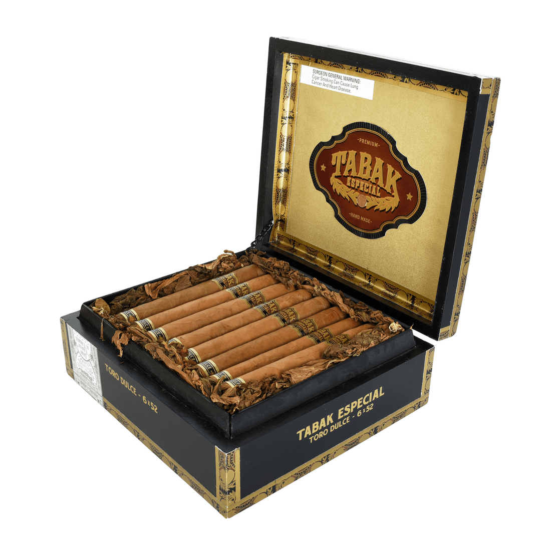 Tabak Especial Toro Dulce 24ct box open, revealing rich Nicaraguan cigars with a smooth coffee-infused flavor, wrapped in Ecuadorian Connecticut shade.