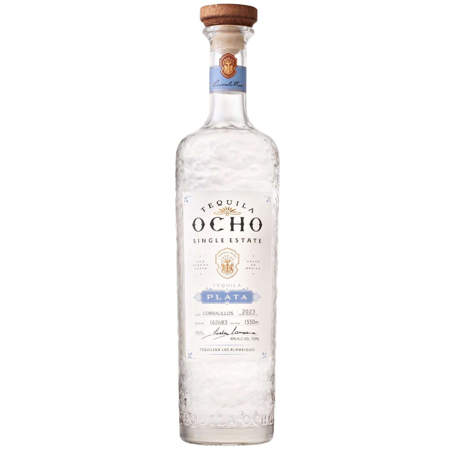 Tequila Ocho Plata 750ml bottle, single-estate tequila from Jalisco, Mexico, made from 100% blue Weber agave, 40% ABV.