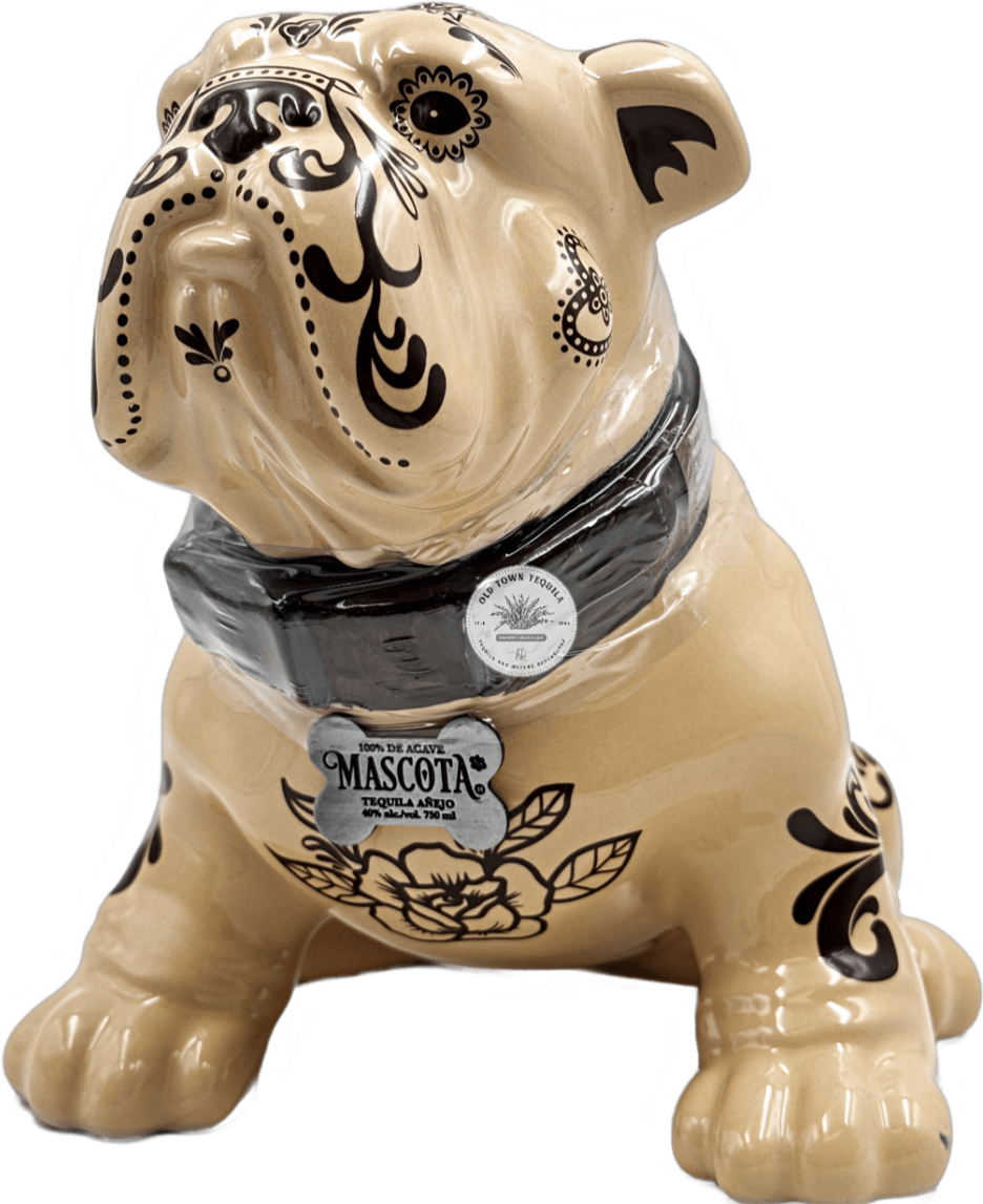 Mascota Anejo Tequila bulldog bottle with unique design, supporting pet adoption, 750ml, from Mexico, caramel and citrus notes.