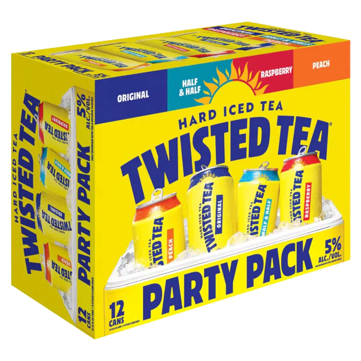 Twisted Tea Party Pack 12 Pack featuring 12oz cans of Original, Half &amp; Half, Raspberry, and Peach flavors with 5% ABV.